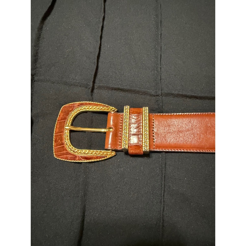 Brighton Cognac Brown Leather Belt Gold‎ Ornate Croc Buckle Size S Made in USA